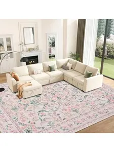 9x12 Washable Non-Slip Low Pile Area Rug, Vintage Floral Soft for Living Room, Bedroom