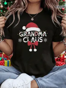 Women'S Christmas Grandma Claus Graphic T-Shirt - Festive Santa Hat & Bow Design, Casual Short Sleeve Round Neck Tee for Holiday Family Gatherings, Spring/Summer Collection, Christmas Shirts, Large Sized Lady Bug Squad