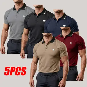Pack of 5 men’s polo shirts, lightweight breathable fabric, printed stylish basic casual turn-down collar short-sleeve T-shirts for everyday work, semi-sheer tops outdoorfun