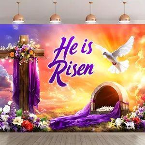 1PC 2D Flat Easter Polyester Photography Backdrop Banner - Jesus Resurrection Scene Decor Cloth with Cross, Dove, Flowers, Stone Tomb Design, Reusable for Church Activities, Birthday Party Shooting Background Curtain