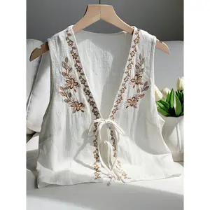 Women's Summer Bohemian Style Floral Embroidered Sleeveless Shirt, Front Tie Design, Women's Western Clothing, Vacation Outfit, 100% Cotton, Top, Vest Jacket