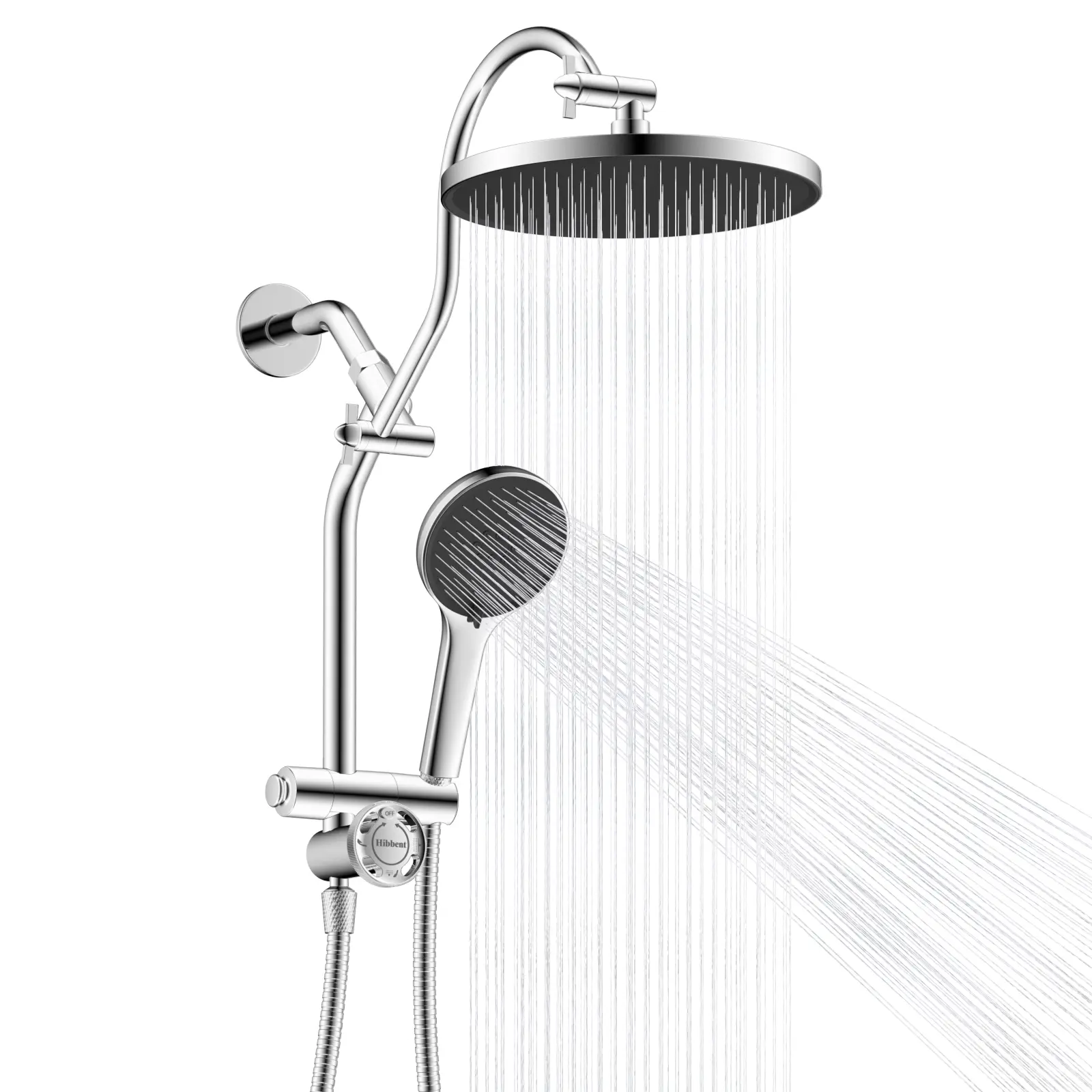 Hibbent Upgraded Self-Cleaning Brass Shower Head Combo Set, 10'' High-Pressure Rain Showerhead, 3-Mode ABS Handheld Spray, Stainless Steel Extension Arm, All-Metal 4-Way Diverter, 71'' Hose, Chrome Hose Holder, 3-Mode Handheld Spray
