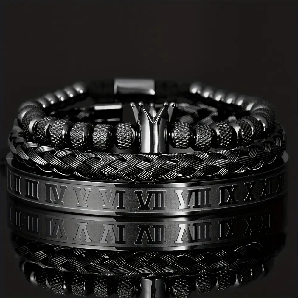 1pc NZUDMI Men's Stainless Steel Roman Royal Crown Charm Bracelet - Adjustable Open Cuff Geometric Black Metal Jewelry, 7-7.5 Inch Couple Gift for Him, Men's Fashion Accessory, Sophisticated Accessory, Luxurious Finish