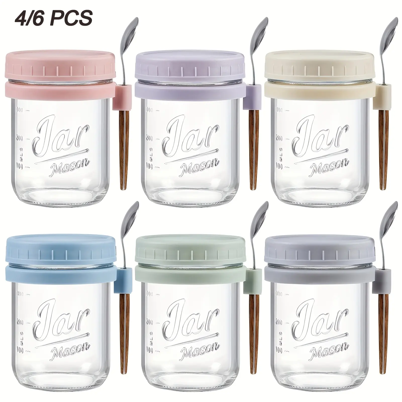 4/6-piece Mason jar oatmeal cup set with lids and spoons; multifunctional sealed storage cups, perfect for overnight oats, yogurt, fruit, salad, smoothies, coffee, and cold drinks