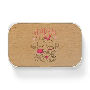 Cute Mouse Couple Love Illustration Bento Box | Wooden Lid Lunch Box