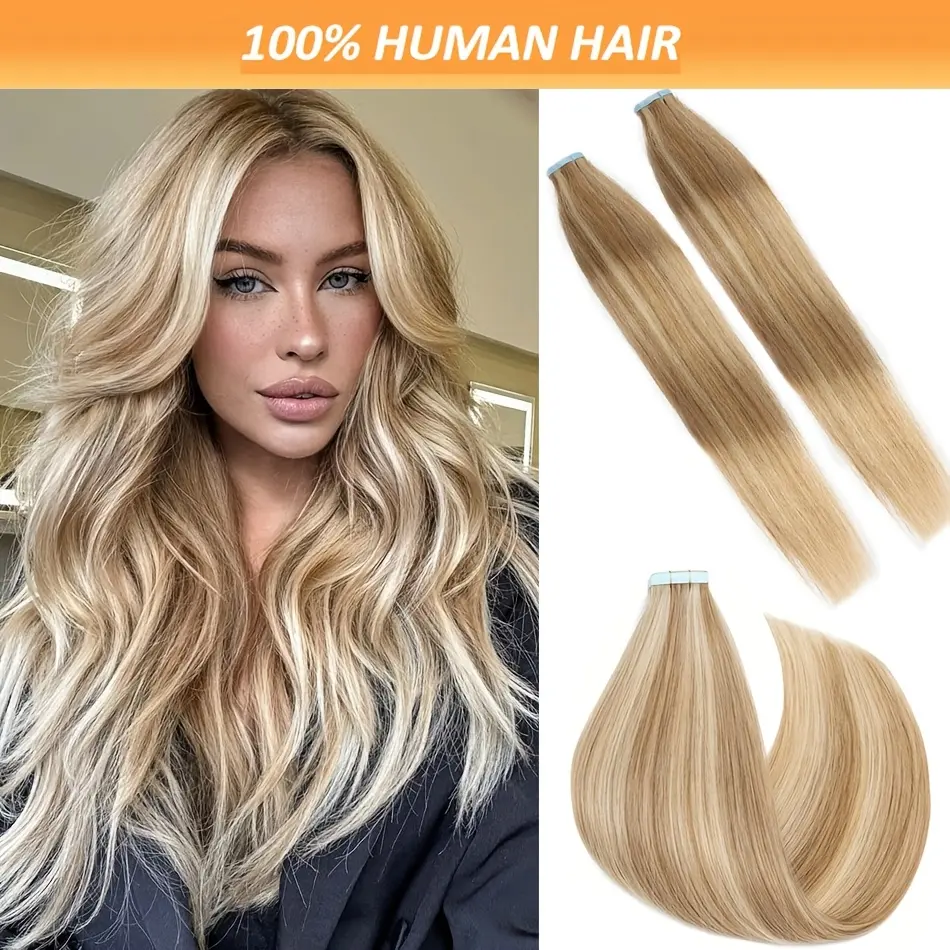 2025 Hot Straight Tape-In Human Hair Extensions for Women, 20/40/60pcs/Pack with Waterproof Tape Glue, Thin Ends, Natural Soft, 16in-28in Blonde 27/613# Straight Hair Bundles, Suitable for All People