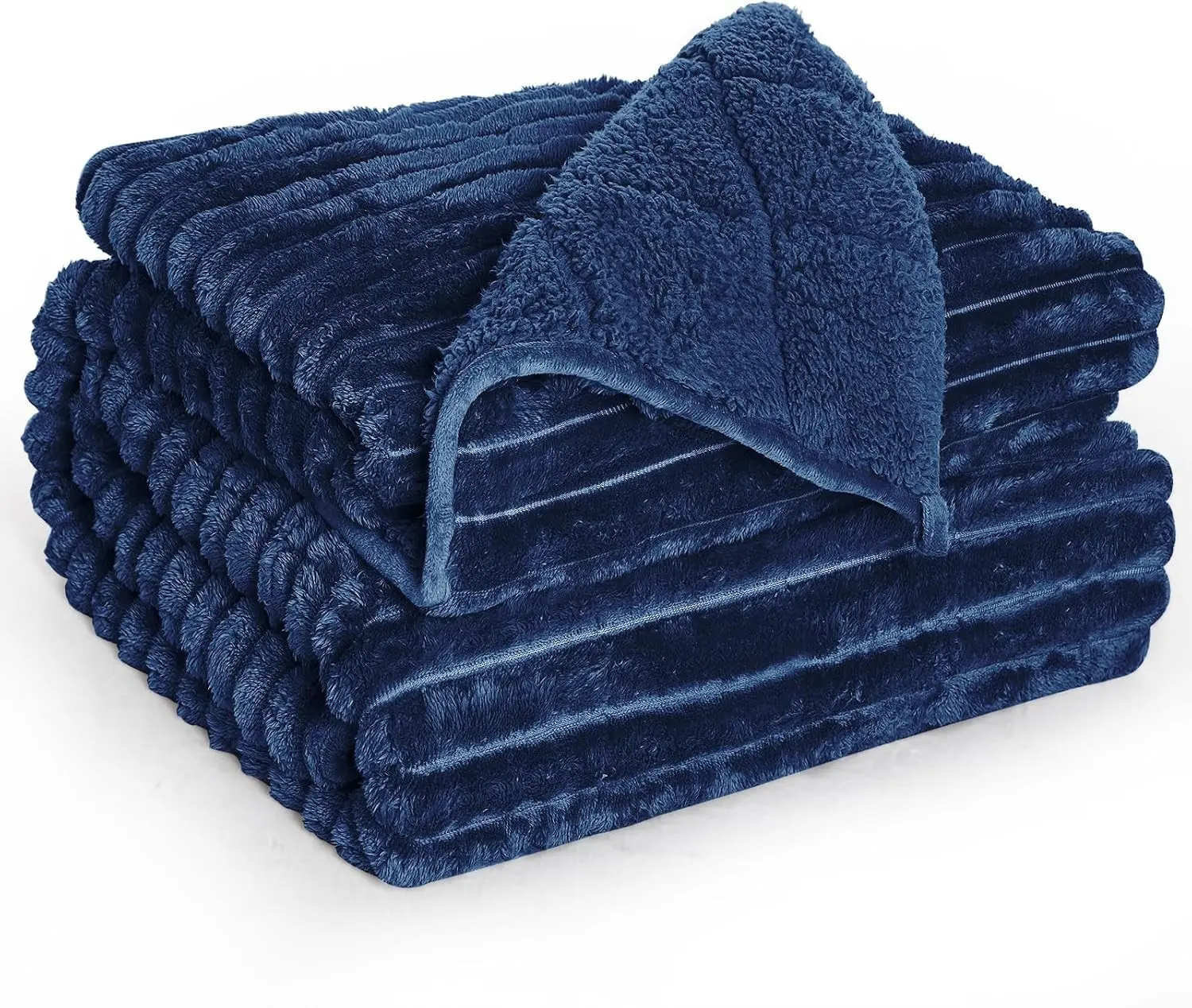 Ultra-Soft Weighted Blanket for Adults(15 lbs, 60” x 80” Queen Size) | 3D Striped Sherpa Fleece Reversible Heavy Blanket with Glass Beads, Perfect for 140-190 lbs, Machine Washable, Navy Blue