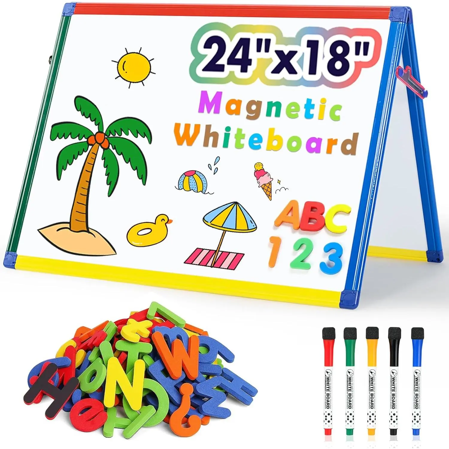 WANCROWN  Board for  - Tabletop White Board for - 24x18 Inch Double ided Foldable Dry Erae Board tanding with 82 count Alphabet  Whiteboard Letter