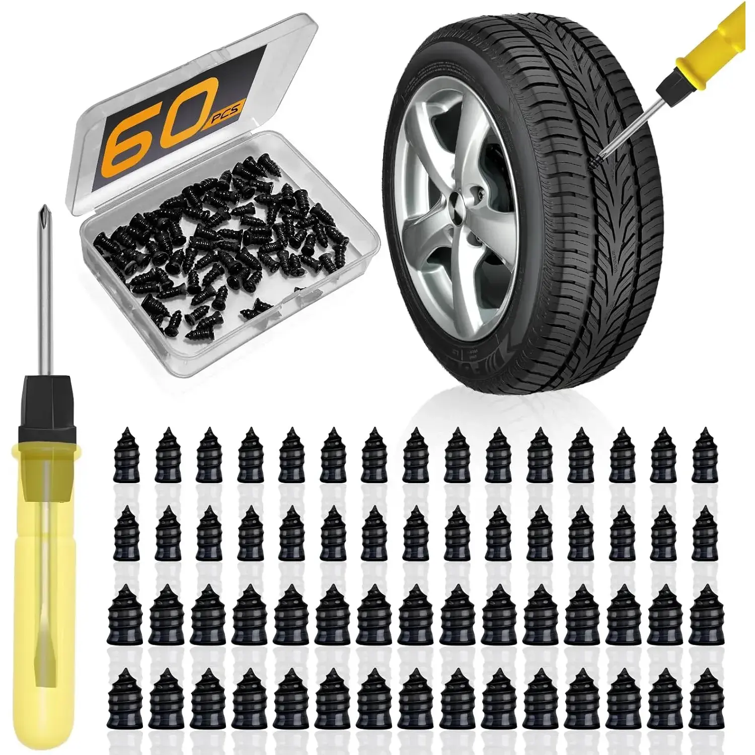 60pcs Tire Plugs Repair Kit with Storage Box, Tire Repair Rubber Nails (30S+30L), Double-Ended Screwdriver, Fast Puncture Fix Tools for Car, Dirt Bike, Lawn Mower, Car Owners