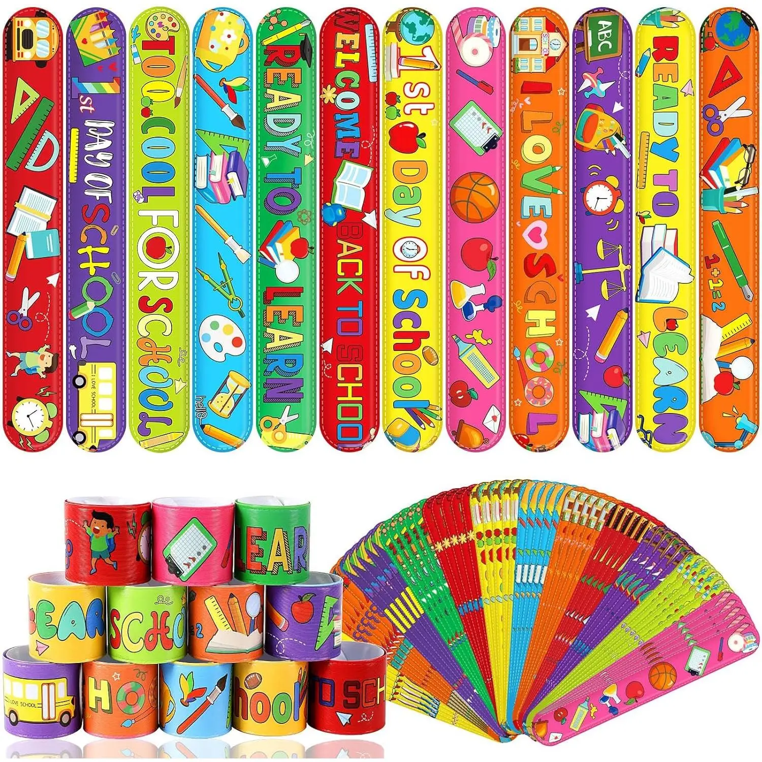 L-RBB 001 Back to School Slap Bracelets, 56 Pcs Welcome Back to School Gifts for adults and Kids Students Party Favors Colorful Snap Bracelets Wristbands for First Day of School Party Supplies Decorations