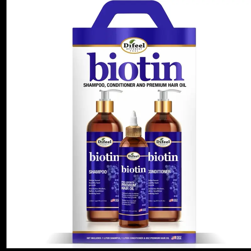 Difeel Biotin Shampoo 33.8oz, Conditioner 33.8oz & Hair Oil 8oz 3-PC Large Boxed Gift Set for Healthy Hair Care