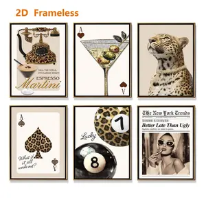 6-piece Stockholm-style wall decor set, leopard-print canvas room decor, playful Y2K-style posters, and preppy-style artwork featuring cocktails, cheetahs, playing cards, and billiards—perfect for decorating living rooms, bedrooms, and bars. Frameless.