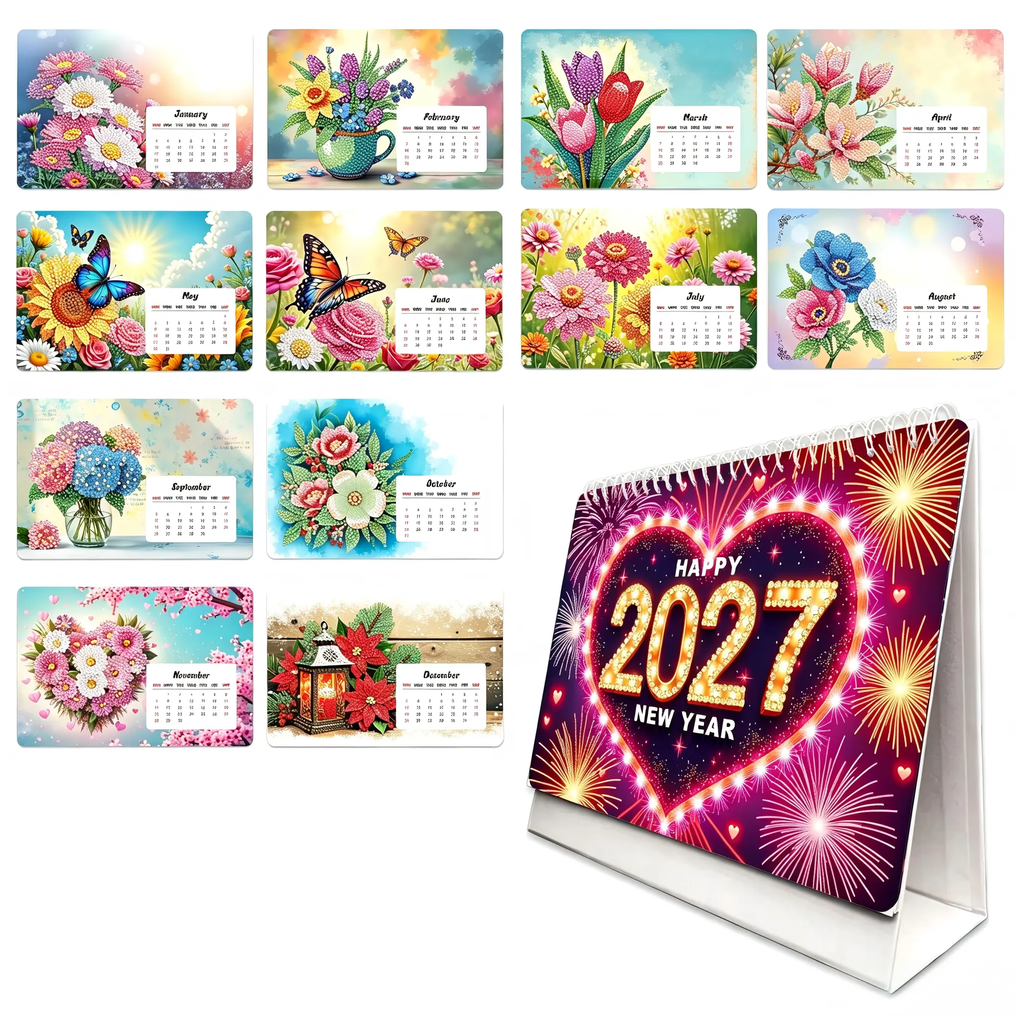2027 New Edition Rhinestone Diamond Painting Desk Calendar - 1-Year (Jan-Dec) with 12 Exquisite Monthly Floral Illustrations, Markable Schedule Area, High-Gloss Special-Shaped Rhinestones, Dual-Use as Unique Desktop Decoration, Christmas Thoughtful Gift