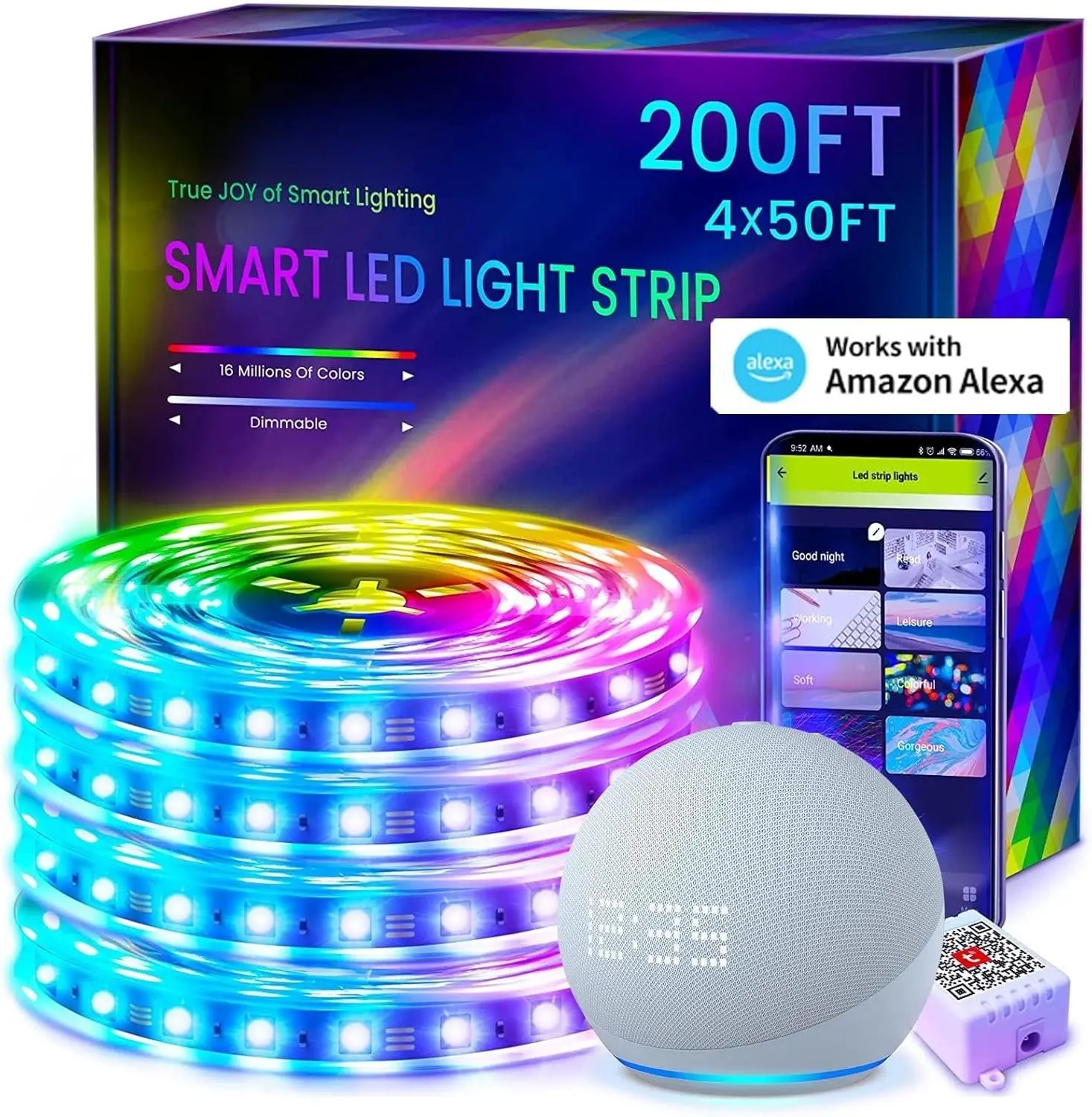 200ft  Led Strip Lights for Bedroom, Alexa Light Strip,2835 RGB Color Changing Music Sync Rope Lighting with App Remote,Multi-Color  Led Lighting for Bedroom (APP+Remote+Voice)