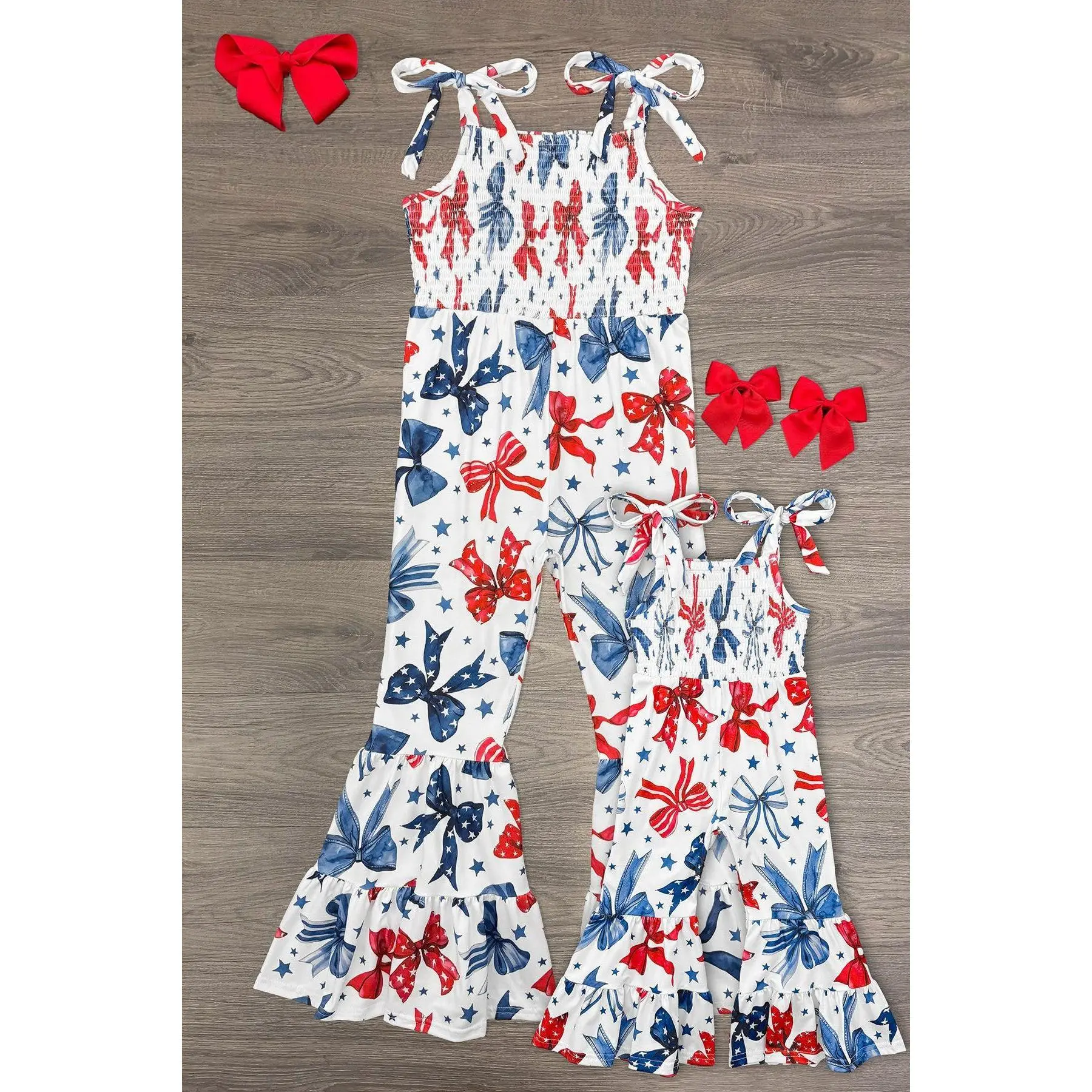 Mom & Me Matching Jumpsuit, Sleeveless Red White & Blue Bow Print Flare Leg Fit in Soft Fabric with Tie Shoulder Straps