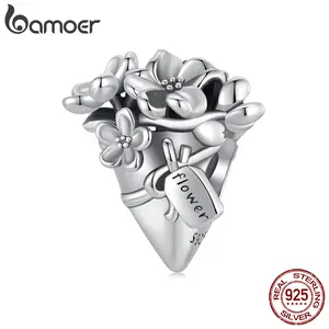 BAMOER Solid 925 Sterling Silver Bouquet Charm Bead fit Original Bracelet & Necklaces Jewelry DIY bamoer Flower Charm SCC2972