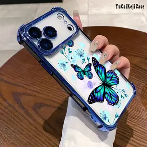Powder Butterfly Electroplated Four-corner Anti-fall Mobile Phone Case Suitable for iPhone 17/ 16/15/14/13/12/11,E, Pro Max, Plus Mobile Phone Protective Cover Anti-fall Protection Shell Printed Pattern Soft Protective Case