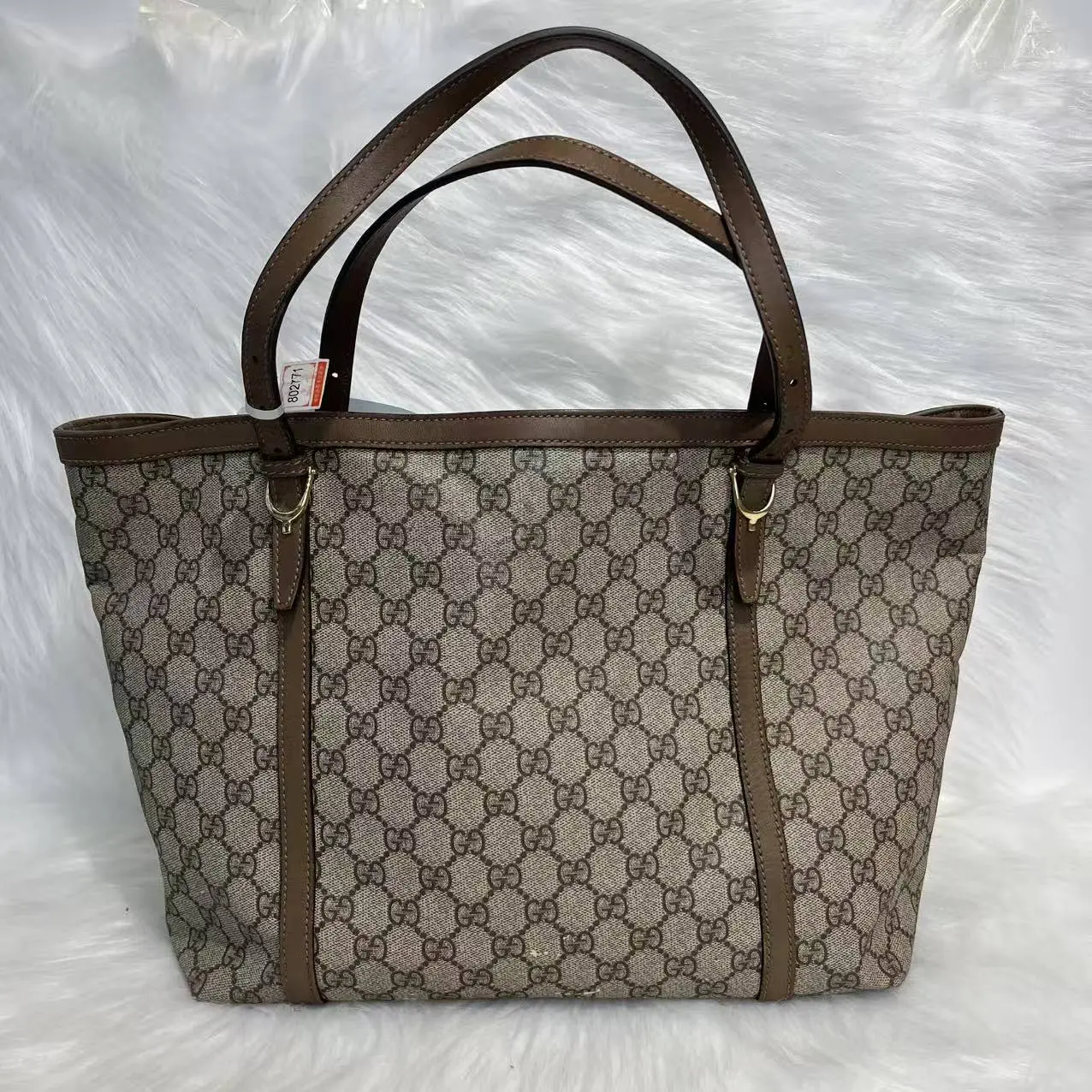 Pre-owned GUCCI Classic Canvas Tote Bag Dark Brown Smooth Leather Handles & Edge Trim Large Capacity Shopper