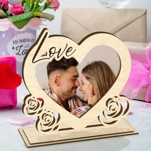 1pc Wooden Photo Frame, "love" and rose Perfect for Couples, Anniversary Gifts & Valentine'S Day Gift, Home Decor, Rustic Wedding Decorations