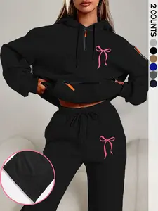 Women's Casual Loose-Fit Hooded Sweatshirt & Bow Print Pants Set, Zipper Detail, Winter Fashion, Comfortable Two-Piece