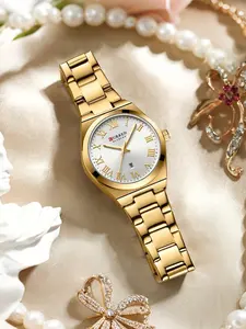 Women's Stainless Steel Watch, Minimalist Square Analog Wristwatch, Quartz Movement, Calendar Display, Casual Style, All Seasons