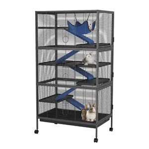 50" Large Ferret Cage, Small Animal Habitat with 5 Ramps, Hammock & Wheels, Spacious Multi-Level Design for Chinchillas, Rabbits, Sugar Gliders