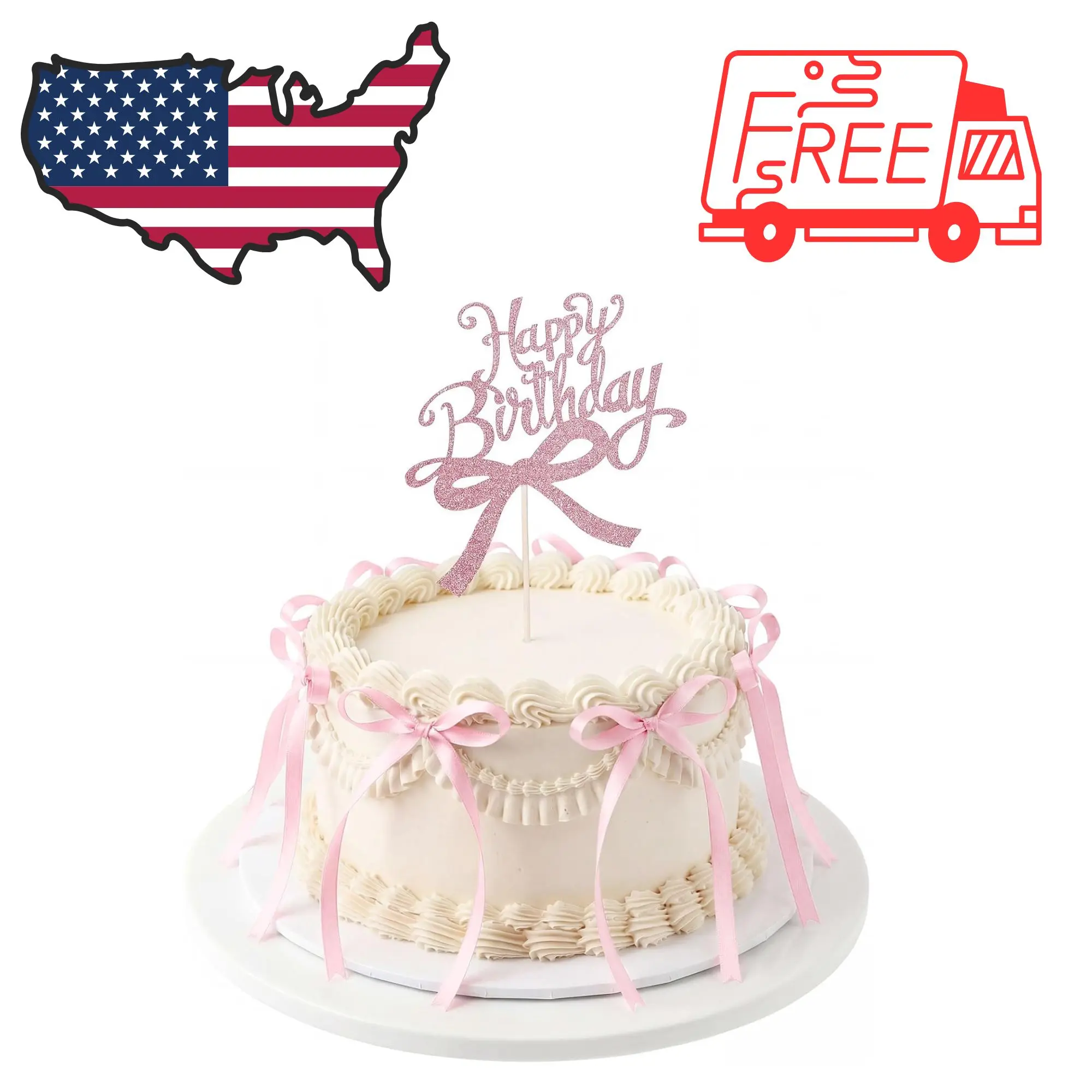 18 PCS Pink Ribbon Bows for Cake with 1 PCS Happy Birthday Cakes Topper