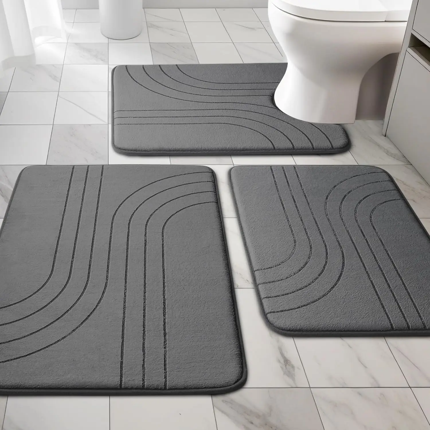 3PCS Memory foam gray bathroom carpet set, super absorbent bathroom mat set, anti-skid machine wash and quick dry, bathroom mat set(81*51+61*41+61*51c