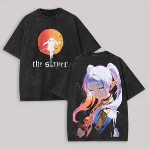 Frieren Beyond Journey's End Graphic T-shirt, Distressed Washed Cotton Men's Tee, Casual Oversized Short Sleeve Top