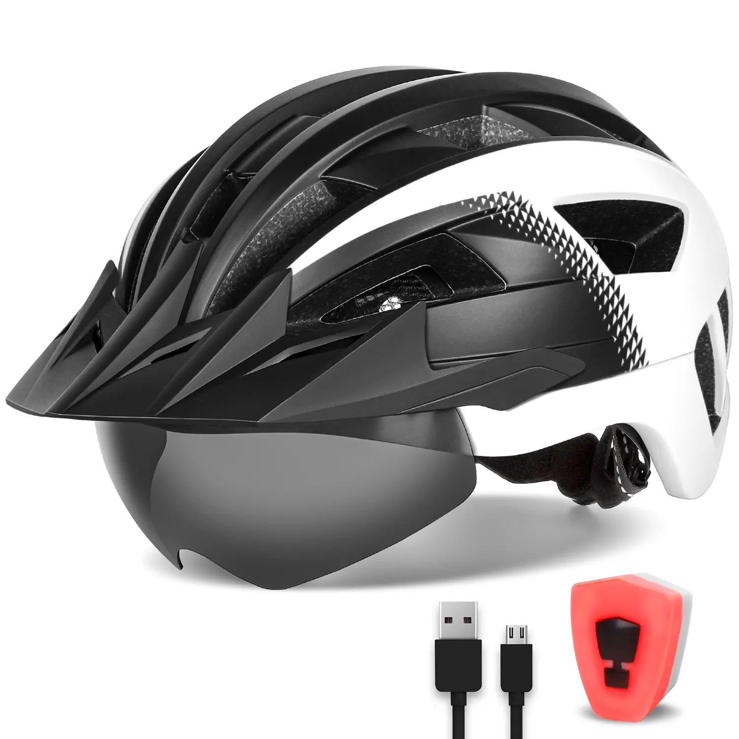 Adult Bike Helmet with Visor, Magnetic Goggles, Rechargeable Rear LED Light, 21 Vents, Black White, Large 57-61 cm