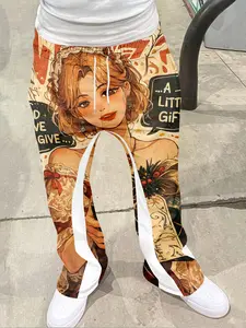 Men's streetwear retro flared pants, Casual streetwear trousers, anime style printed casual sweatpants, drawstring waistband+white stripes on the sides+tassel decoration on the hem, combining decorative and casual feel