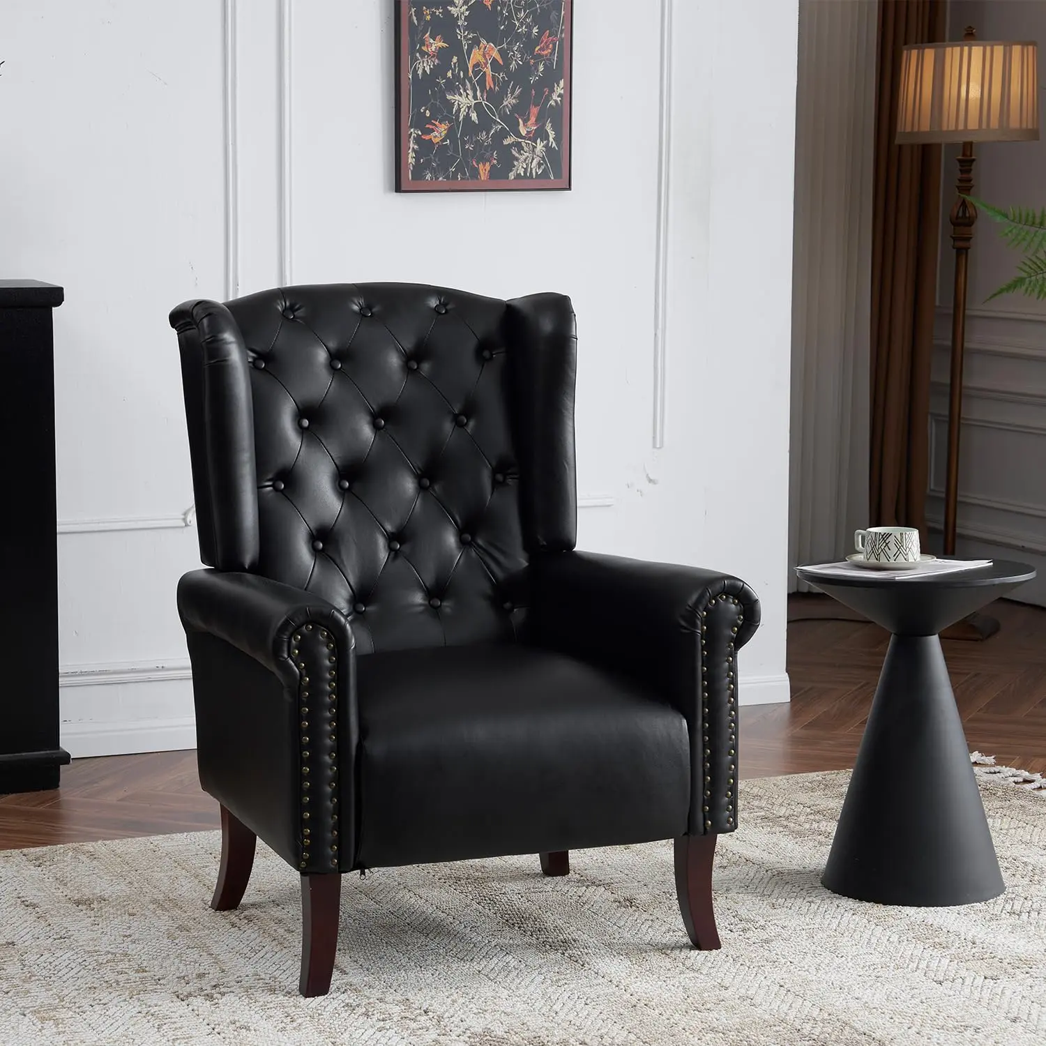 MOJAY Mid-Century Single Faux Leather Armchair - Comfy Accent Chair with Studded Trim, Thick Cushion, Fixed Arms, Solid Back, Solid Wood Legs for Living Room, Bedroom Durable Seating