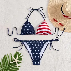 American Flag 2 Piece Set Bikini, Swimsuit Women's Sexy Triangle Strappy, Star and Flag Print with a Deep V Triangle Bikini Set, Beach Resort Swimsuit, Sexy And Comfortable