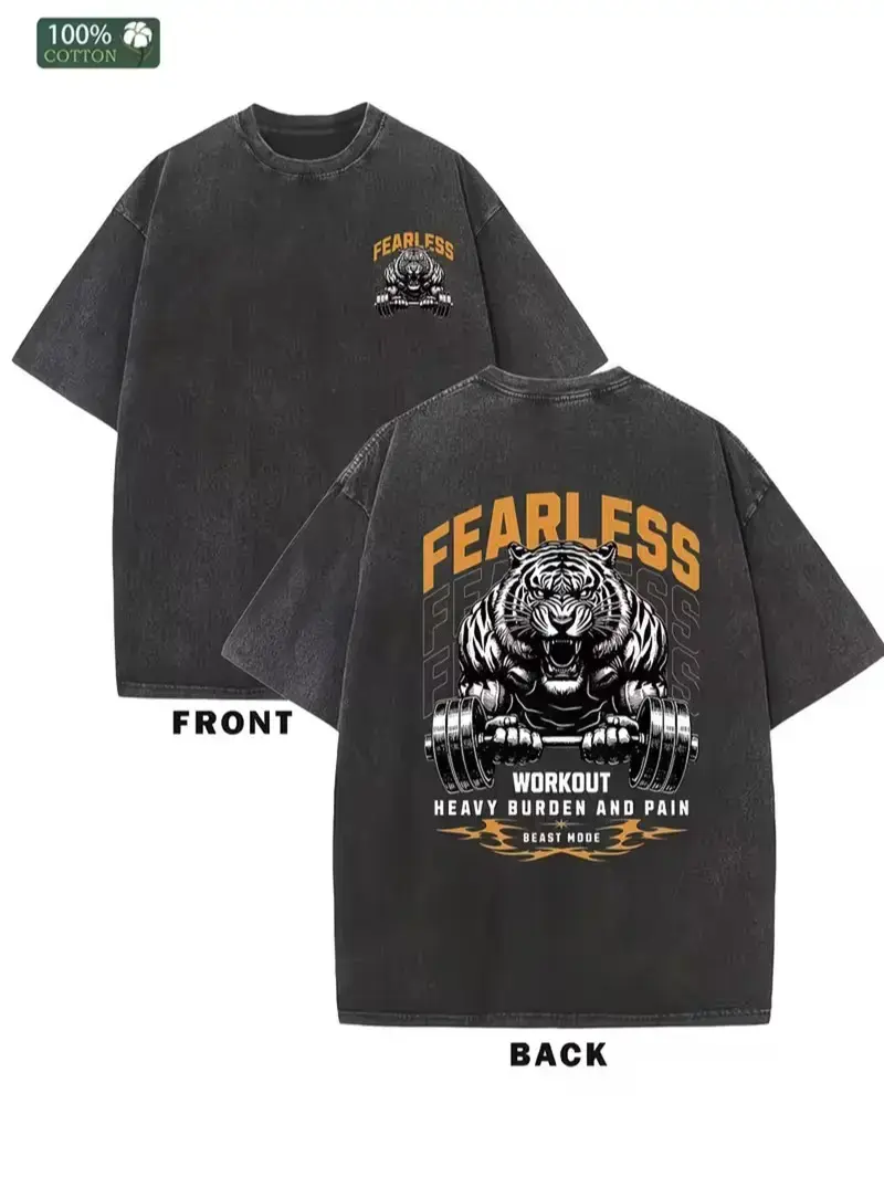 Darc Sport Tigers Bodybuilding Club Men's Loose Casual Oversized Vintage Washed Heavyweight Cotton Short-Sleeve Crewneck Tshirt, Earless Tiger Print, Gym Streetwear Tee, Ideal Gift for Bodybuilding Fans, Unisex, Baggy