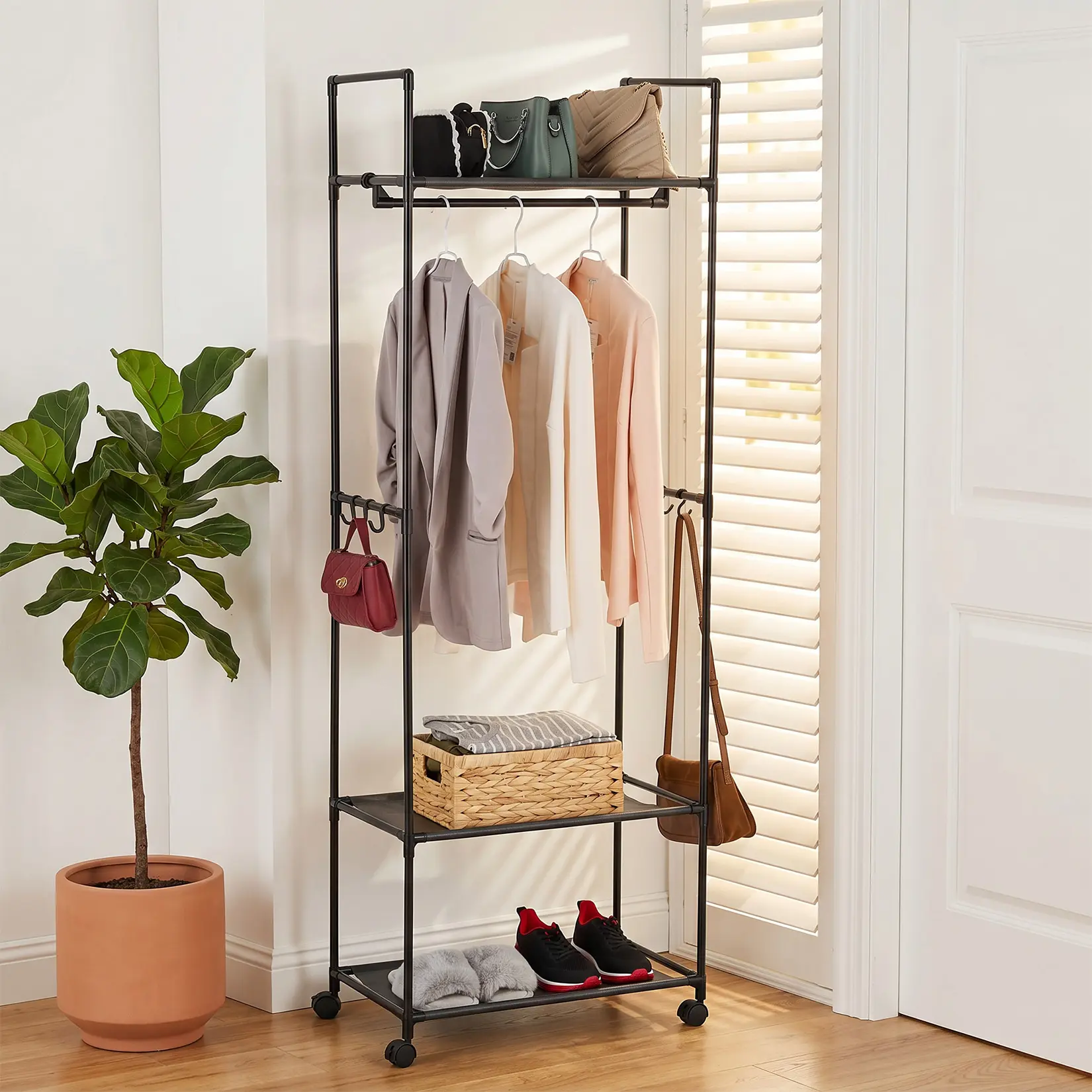 Garvee 3-in-1 Heavy Duty Portable Rolling Wardrobe Organizer – Black Carbon Steel Closet with Lockable Wheels, Top Bag Shelf, Hanging Rod & 2-Tier Storage Shelves – Space-Saving Multi-Tier Clothing Rack for Bedroom or Entryway