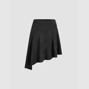 Cider Satin Low Rise Floral Asymmetrical Hem Midi Skirt