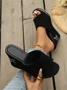 Women's vintage black printed wedge mules with round open toe, sturdy thick sole, waterproof platform, wedge sandals for summer vacations, versatile, elegant, comfortable, casual thick-soled slippers