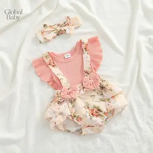 Global Baby Cute Camisole Dress for Girls with Hair Bow – Vintage Style Newborn baby short sleeved floral group girl summer retro suspender dress Cute Camisole Dress for Girls with Hair