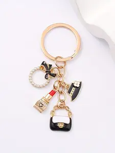 Fashionable Keychain Bag Charm with Lipstick Hat Ring Oil Drop Decoration, Cute Cartoon Style Car and Bag Accessory