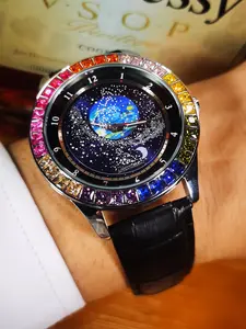 1pc Fashion Business Automatic Mechanical Round Dial Watch for Men Starry Sky Luminous Dial Leather Strap Casual Classic Wristwatches