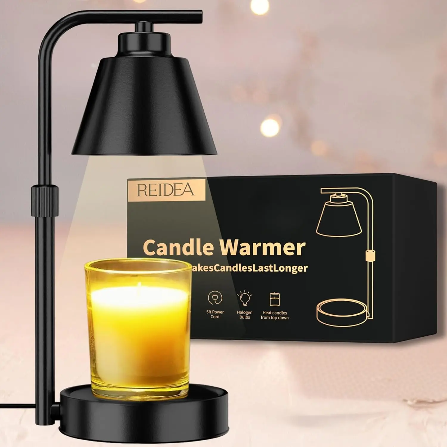 REIDEA Candle Warmer Lamp with Timer and Dimmer - Adjustable Height Wax Melter for Scented Candles - Stylish Aesthetic Home Decor for Living and Guest Rooms