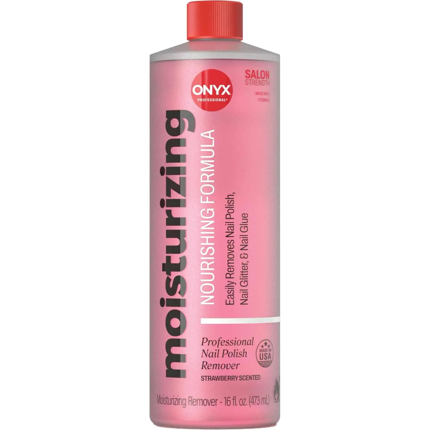 Onyx Professional Nail Polish Remover with 7 inch Nail File, Strawberry Scent, Made in USA, 16 fl oz - Moisturizing Formula, Acetone-based Gel Polish Remover, Enhanced with Vitamin E, Grape Seed Oil