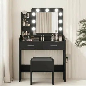 YJ-Garvee Modern Makeup Vanity Desk in Black with Large LED Mirror, 7 Drawers, Dimmable Lights, Power Outlet, Cushioned Stool, and Hairdryer Holder for Stylish Organization