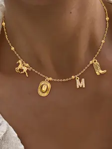 Women's Western Cowboy Hat Boot Horse Initial Letter Necklace, Elegant Stainless Steel Beaded Chain, All Seasons Fashion Jewelry