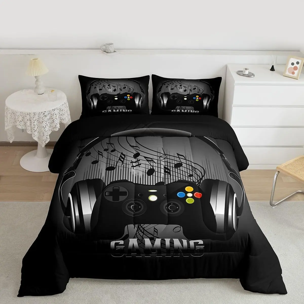Gaming Comforter Set Headphones Game Controller Bedding Set Black Grey Video Game Decor Music Melody Duvet Set Gamer Comforter 1 Quilt Set Soft