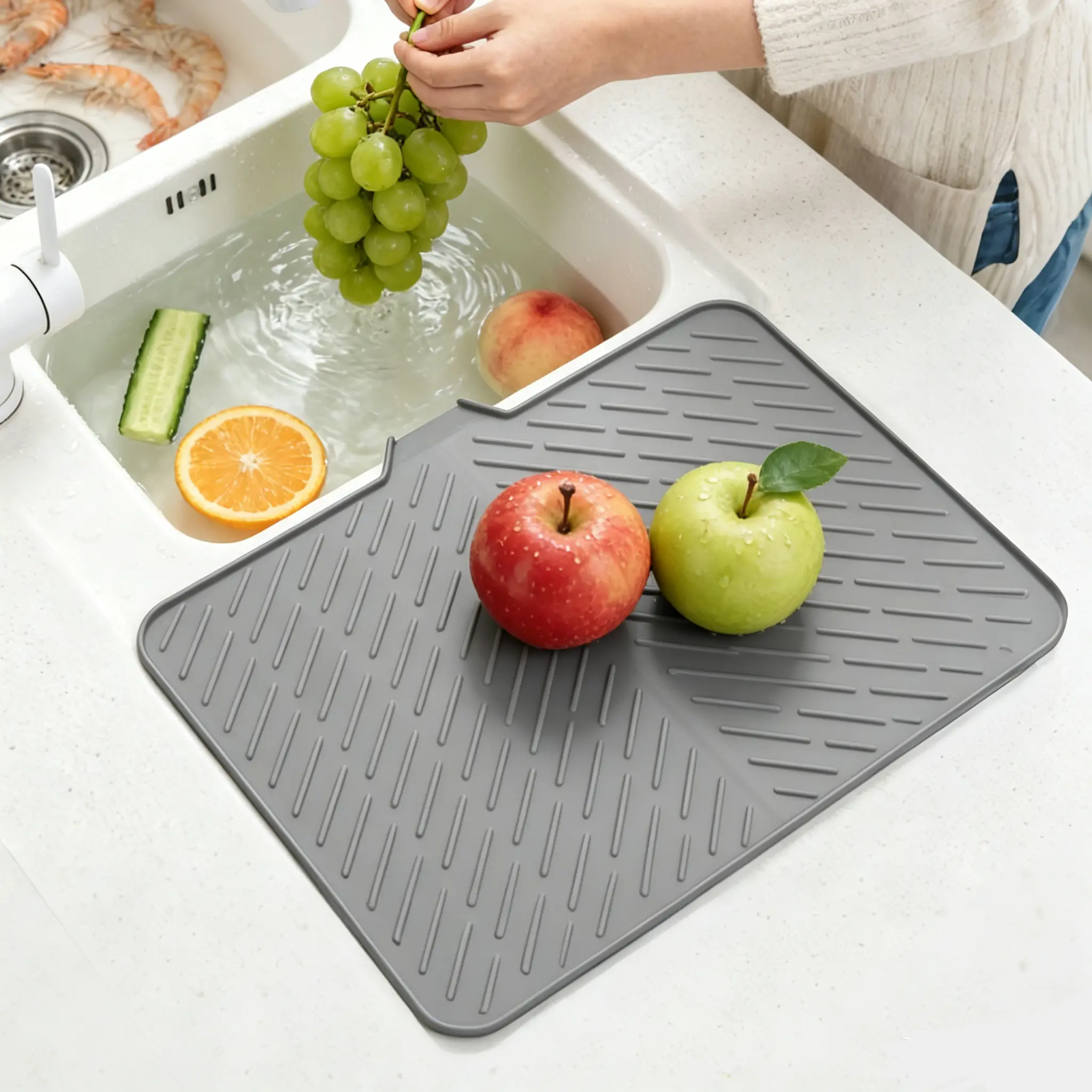 Large Foldable Silicone Dish Drying Mat - 23x17in Rectangle with Free Soap Mat, Built-in Drain Lip, Easy-Clean for Kitchen Counter Tableware, Bathroom, RV