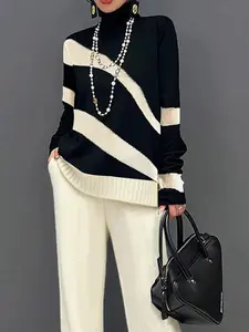 Long Sleeve Loose Fit Colorblock High Neck Sweater Top, Casual Fashion Pullover for Women, Comfortable Winter Wear