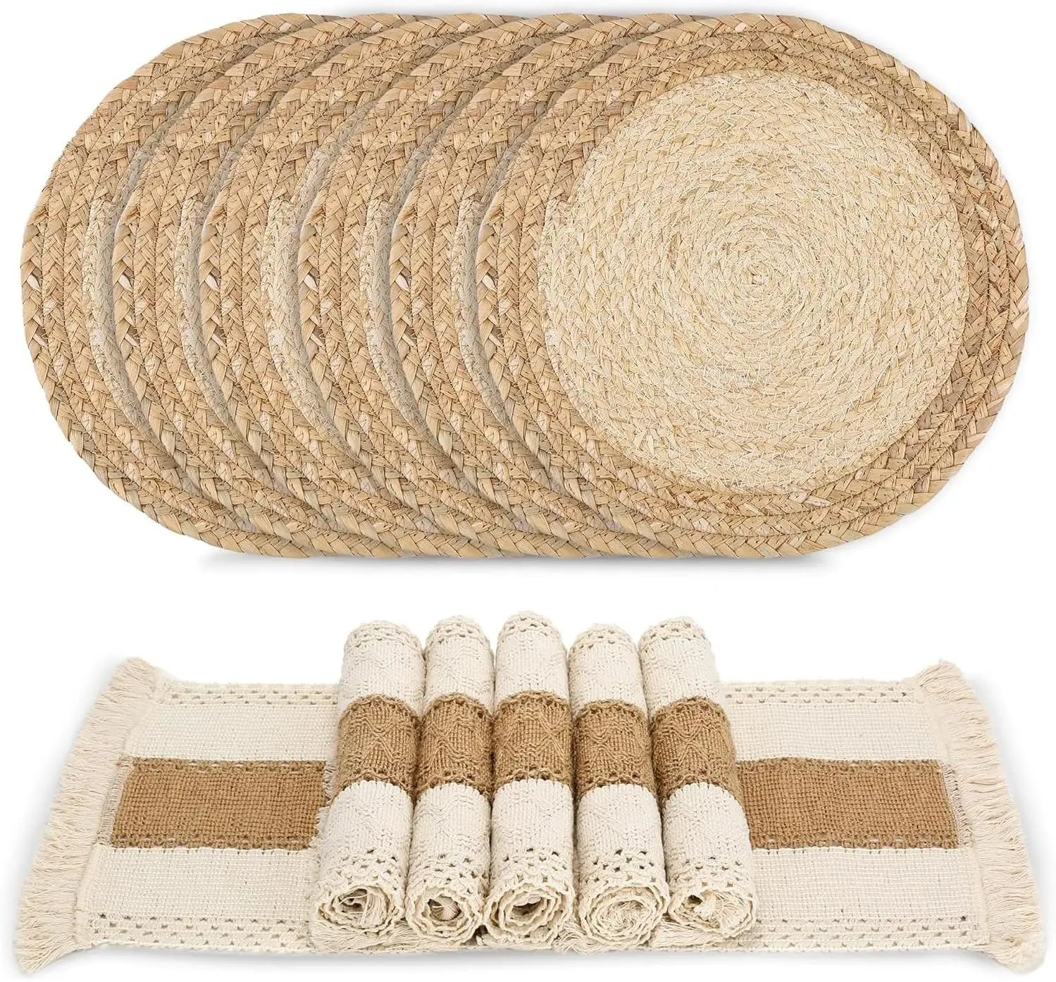 12 Packs Boho Woven Placemat Set Including 6pcs Round Placemats and 6pcs Table Mats, Burlap Table Placemats,Heat Resistant for Kitchen and Dining Table Farmhouse Décor