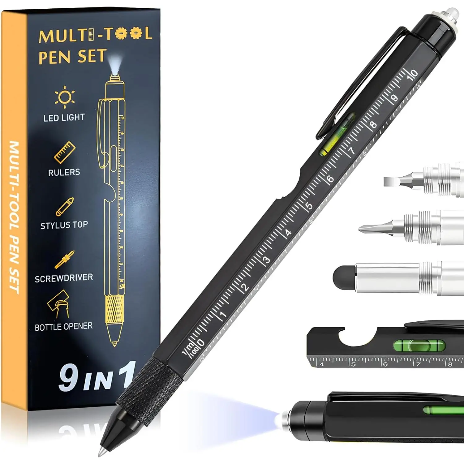 9-in-1 Pocket Multitool Pen with 9 Essential Tools - LED Light, Ruler, Stylus, Bubble Level, Screwdrivers, Everyday Carry Hand Tool for Boyfriend, Anniversary All-Seasons Gift Stocking Stuffer