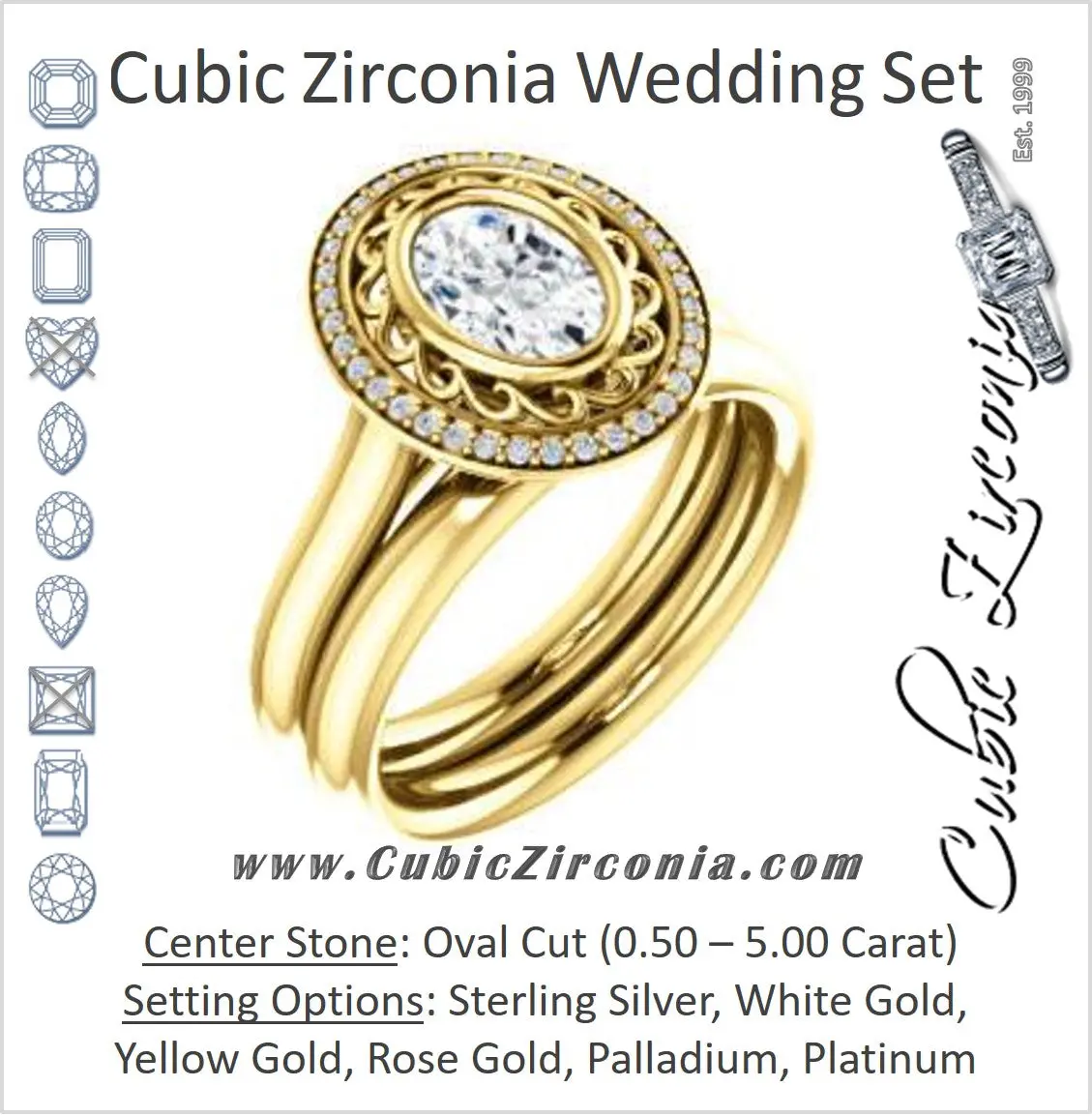 CZ Wedding Set, featuring The Bessie engagement ring (Customizable Cathedral-Bezel Oval Cut Design with Flowery Filigree and Halo)